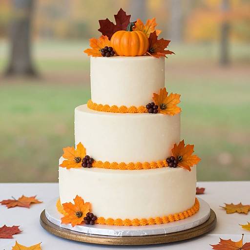 Photograph of a three-tiered white cake decorated with orange piped borders, orange and brown autumn leaves, and a small pumpkin on top, set