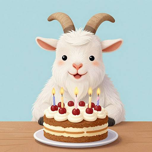 Digital illustration of a cute, fluffy white goat with curved brown horns, smiling and holding a birthday cake with candles and cherries, against a light blue