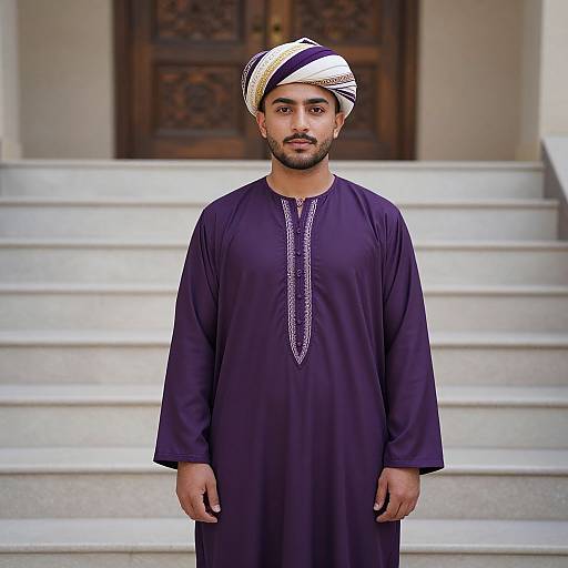 Photograph of a bearded Middle Eastern man with dark skin, wearing a black traditional thobe and white-striped keffiyeh, standing on white