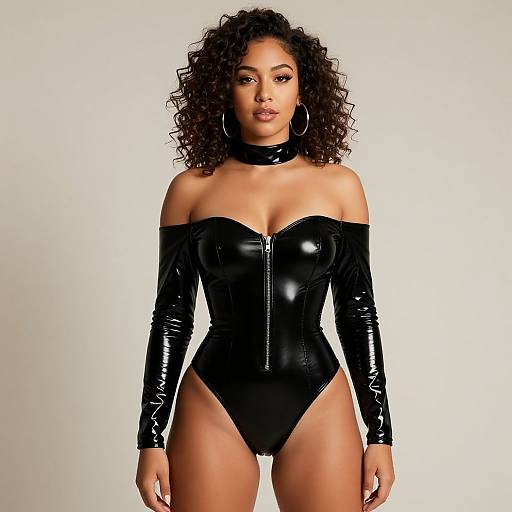 Confident Woman in Black Vinyl Bodysuit