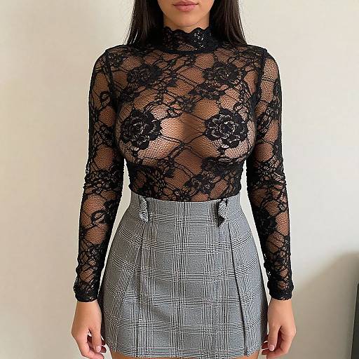 Photograph of a woman with long black hair, wearing a sheer black lace top revealing her breasts and a high-waisted black-and-white checkered