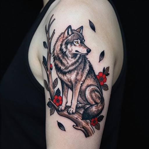 Wolf Tattoo with Red Flowers on Arm