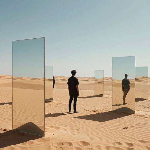 Photograph of two silhouetted men walking in a sunlit desert, surrounded by transparent glass panels, casting shadows on the sand.