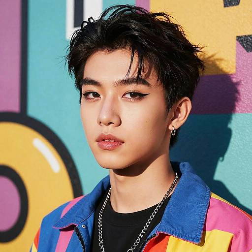 Photograph of an Asian young man with short, messy black hair, wearing a colorful denim jacket, black shirt, chain necklace, and earrings, against