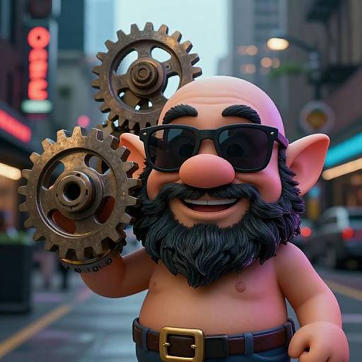CGI cartoon of a bald, bearded, shirtless elf with black sunglasses holding two gears, standing on a bustling city street at night.