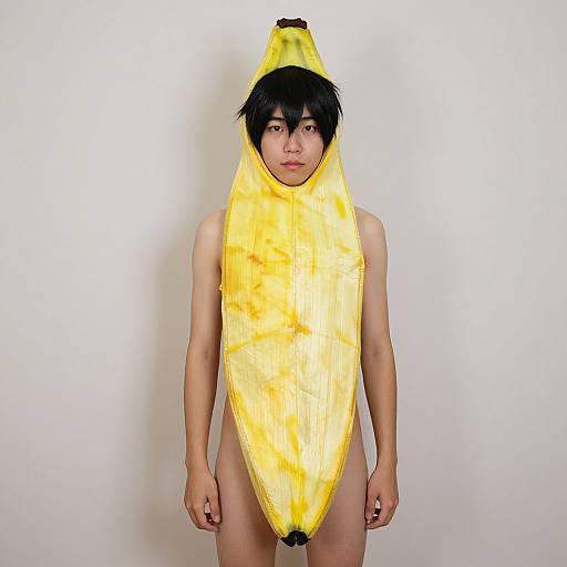 Photograph of an Asian man with short black hair, wearing a yellow banana costume, standing against a plain white background, fully nude except for the costume