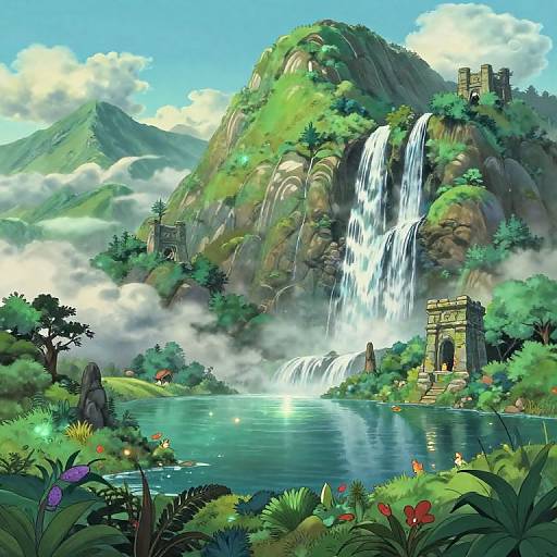 Vibrant digital landscape of a lush, green mountain with a cascading waterfall, ancient stone ruins, and a reflective, misty pool surrounded by
