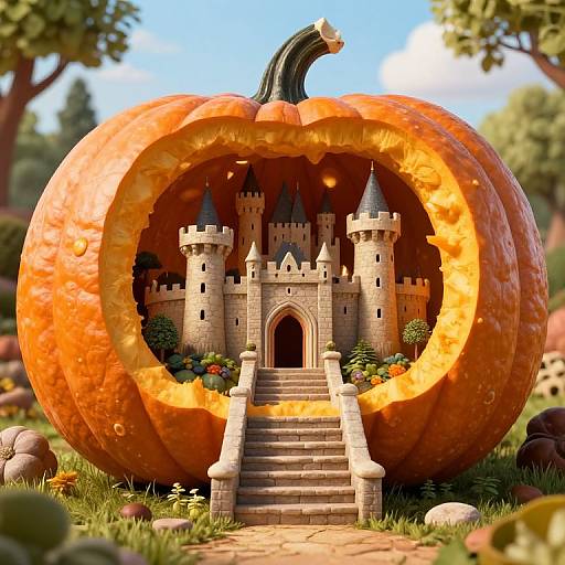 Photorealistic CGI of a detailed castle inside a large, orange pumpkin with a stone staircase, surrounded by autumn foliage and scattered pumpkins.