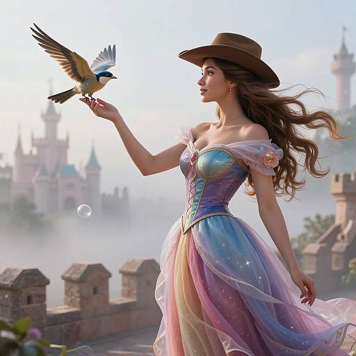 Digital art of a beautiful, long-haired woman in a pastel-colored, off-shoulder dress and brown hat, feeding a bird bubbles near a