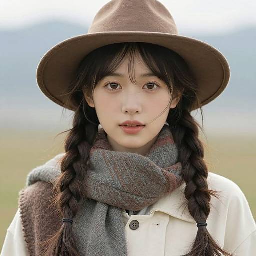 Girl with Braids Wearing Hat and Scarf