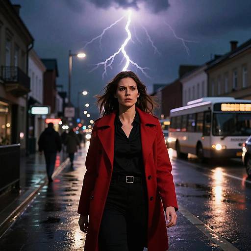 Photograph of a serious woman in a red coat and black dress, standing in a rainy city street with a lightning bolt overhead. Urban buildings and a