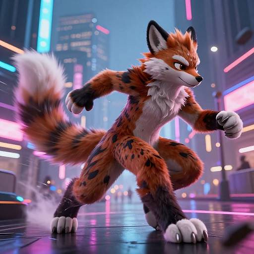 CGI furry fox with orange and black fur, white chest and tail, fighting stance in a neon-lit, cyberpunk city street.