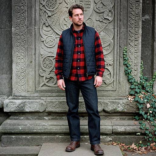 Photograph of a white man with short brown hair, wearing a red plaid shirt, black vest, and dark jeans, standing in front of an
