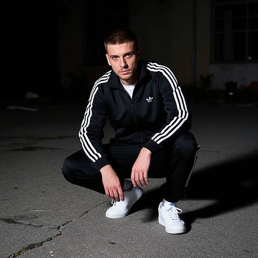 Photograph of a serious, muscular man with short brown hair crouching on a dark street at night, wearing black Adidas tracksuit with white stripes
