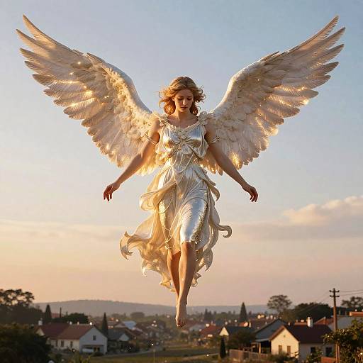 Photograph of a blonde woman with large, glowing angel wings, wearing a flowing, silver dress, floating above a suburban neighborhood at sunset.