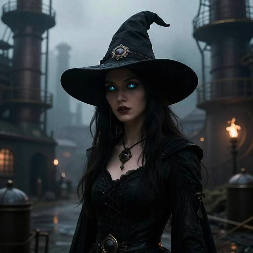 Dark fantasy photograph of a pale, blue-eyed witch with long black hair, wearing a black lace dress and pointed hat, standing in a foggy,