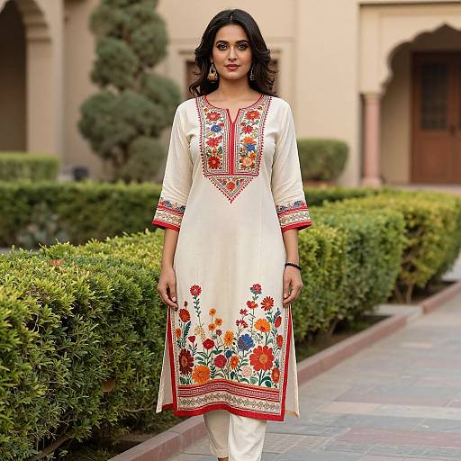 Photograph of an Indian woman with dark hair, wearing a white embroidered Punjabi kameez with red and orange floral patterns, standing in a manic
