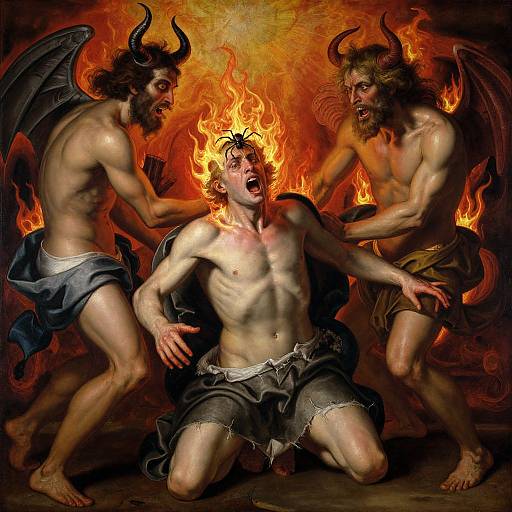 Digital art of three muscular, horned demons with wings, surrounding a shirtless, kneeling, frightened man engulfed in flames, with a dark,