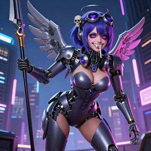 Cyberpunk angel with purple hair, metallic wings, skull headset, and glowing purple eyes, holding a spear in a neon-lit city. Digital