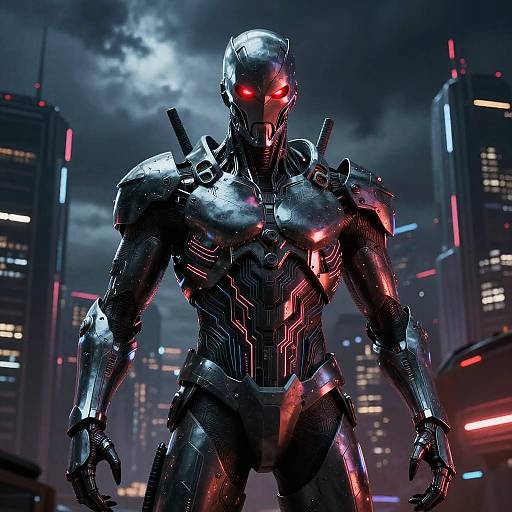 Digital CGI of a menacing, red-eyed, armored robot with glowing neon accents standing in a dark, neon-lit futuristic cityscape.