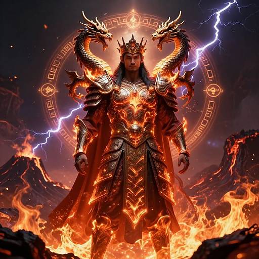 Digital art of a fiery, armored queen with dragon heads, surrounded by lightning, standing in an inferno, with a mystical circle behind her.