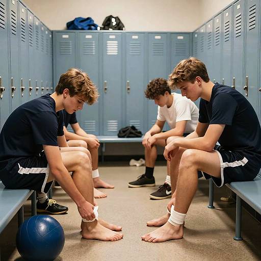 Photograph of three young men in a blue locker room, sitting on benches, taping their ankles, wearing black and white sports attire.