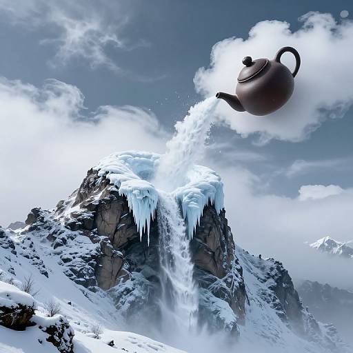 Digital art of a brown teapot flying above a snowy mountain, pouring steam into the sky, with icicles on the rocks.
