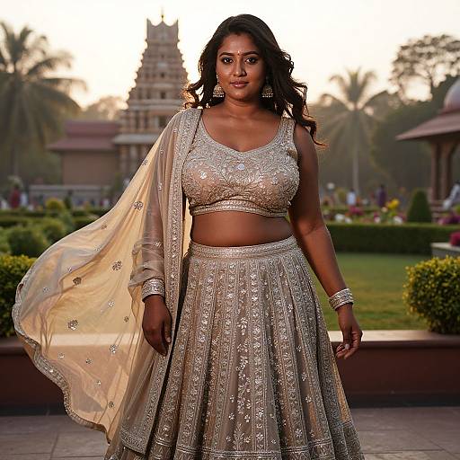 Photograph of a curvy South Asian woman with long black hair, wearing a glittering silver lehenga and dupatta, standing confidently in front of