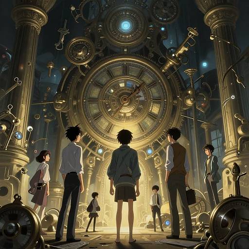 Anime-style digital illustration of six children standing in awe before a massive, glowing, steampunk clock in a dimly lit, mechanical room.