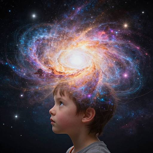 Photograph of a young boy with a glowing, colorful spiral galaxy swirling above his head against a starry night sky.