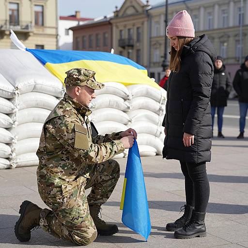 Soldier Handing Ukrainian Flag to Woman in Urban Setting