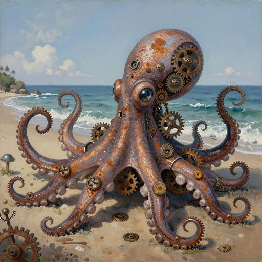 Steampunk Octopus in Coastal Landscape