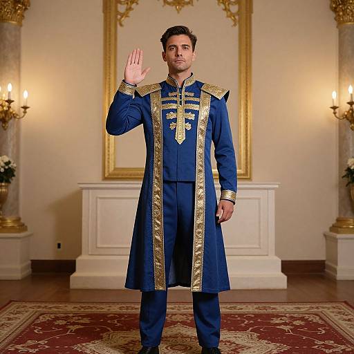 Photograph of a man in an ornate, royal blue and gold embroidered military-style coat, standing indoors, raising his right hand, in a luxurious