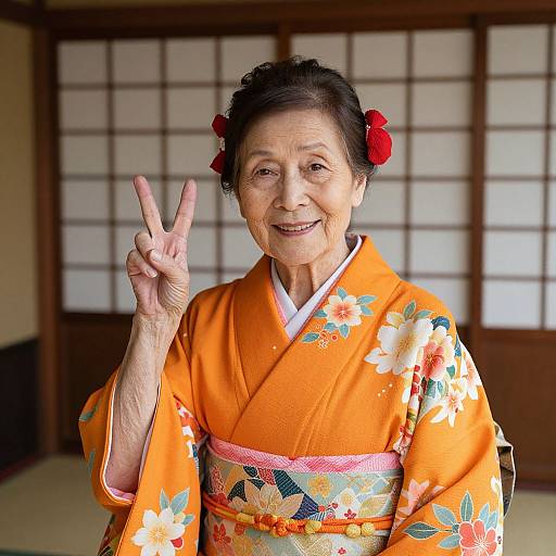Photograph of smiling elderly Japanese woman in orange floral kimono, making a peace sign, with red hairpins, in traditional room.