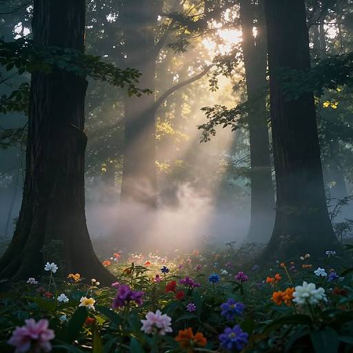 Photograph of a misty forest with sunlight filtering through tall trees, illuminating a colorful flower garden in the foreground.