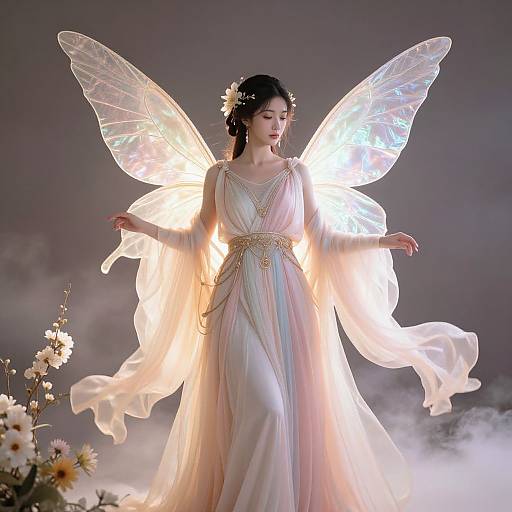 Photograph of a fair-skinned woman in a glowing white dress with iridescent wings, standing amidst fog, surrounded by white flowers. Ethereal