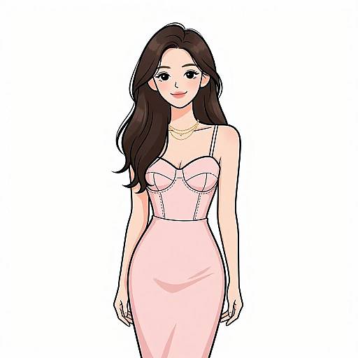 Digital anime-style drawing of a smiling woman with long black hair, wearing a pink strapless dress and gold necklace, standing against a white background.
