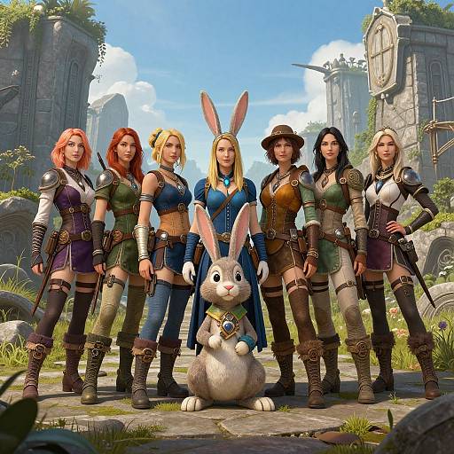 Digital artwork of seven fierce women in medieval armor, standing in front of a white rabbit with a necklace, in a sunlit, ruined stone city.