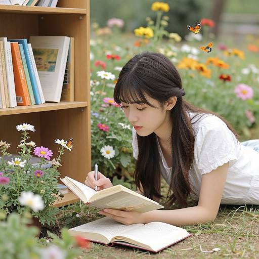 Photograph of an Asian woman with long black hair, wearing a white shirt, lying on grass reading a book beside a wooden bookshelf, surrounded by