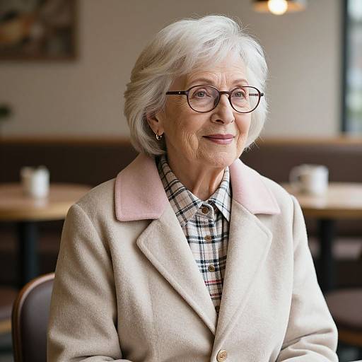 Photograph of an elderly woman with white hair, glasses, plaid shirt, and beige coat, smiling in a cozy café.