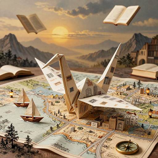 Origami Map-Crane Over Library-Sky