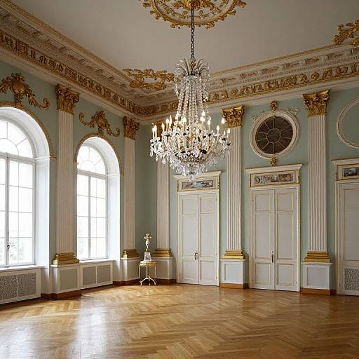 Luxurious, ornate room with gold-accented chandelier, arched windows, classical columns, and herringbone wood floor, photographed in