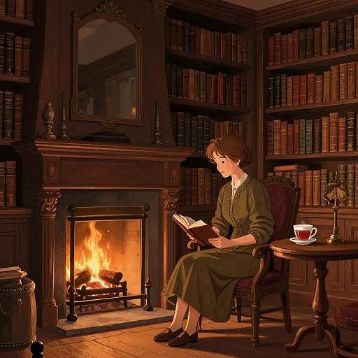 Digitally drawn image of a woman in a green dress reading by a lit fireplace in a wooden bookshelf-lined study.