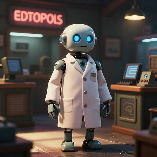 Robot in Lab Coat at Electronics Store