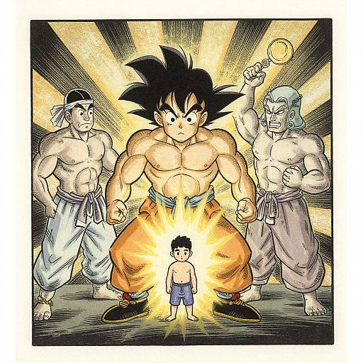 Anime-style illustration of Super Saiyan Son Goku, surrounded by two muscular, shirtless men, with a small child in front, glowing aura, and