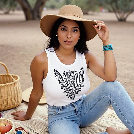 Photograph of a young woman with tan skin, black hair, wearing a white tank top, blue jeans, and a tan wide-brimmed hat