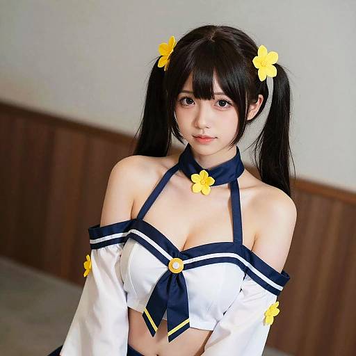 Young Woman in Navy and White Sailor Cosplay Costume