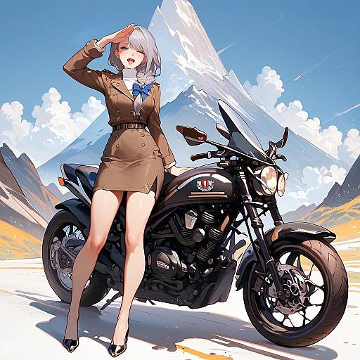 Anime-style digital drawing of a silver-haired woman in a brown military uniform and blue bowtie, saluting beside a black motorcycle against a snowy mountain backdrop