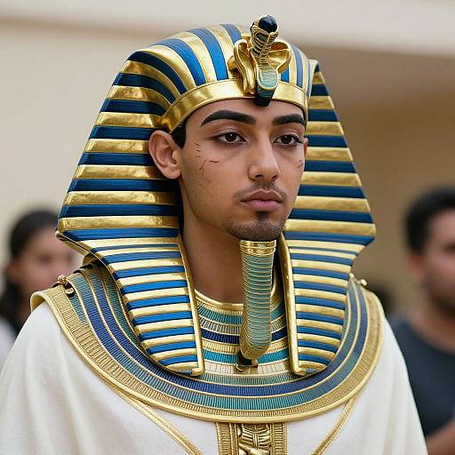 Photograph of a young man in an Egyptian pharaoh costume with a striped blue and gold headdress, white robe, and golden neckpiece, standing