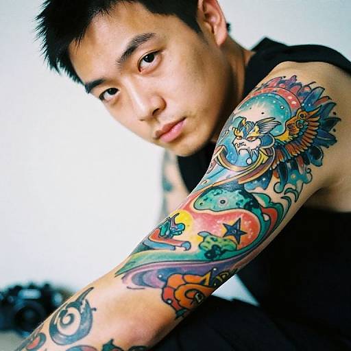 Photograph of an Asian man with black hair, wearing a black shirt, showcasing a vibrant, colorful fish-themed tattoo sleeve on his right arm.